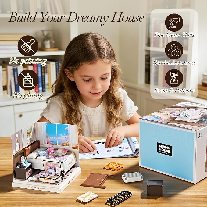 Miniature Cozy Bedroom DIY Kit with Acrylic Display Case – Homestay Dollhouse Room Craft Set, Tool-Free Mini House for Teens, Adults & Beginners