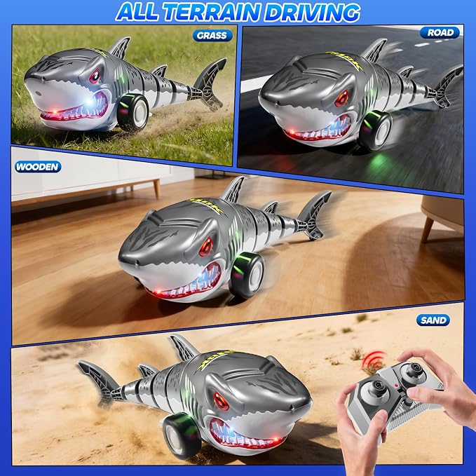 2.4Ghz Remote Control Shark Toys for Kids Boys, Electric RC Shark Car Truck Toys with Light, All Terrain RC Car Truck for Indoor Outdoor, Shark Toys Birthday Gifts for Kids Boys Girls Age 3-5 5-7 4-8