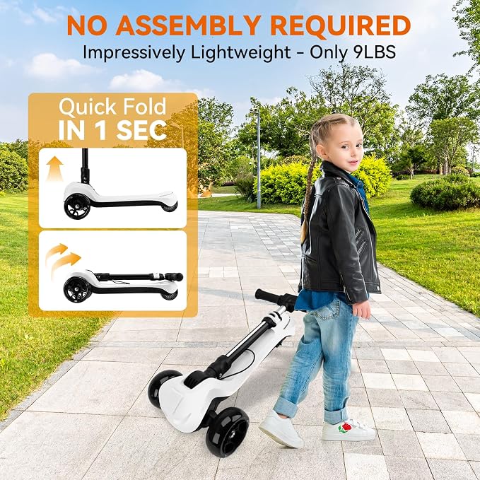 24V Electric Scooter for Kids w/150W Powerful Motor, Thumb Throttle, LCD Screen, Bluetooth, Light-Up Stem Deck & Wheels, 3 Adjustable Heights, 5MPH Safe Speed, 3 Wheel Electric Scooter for Kids