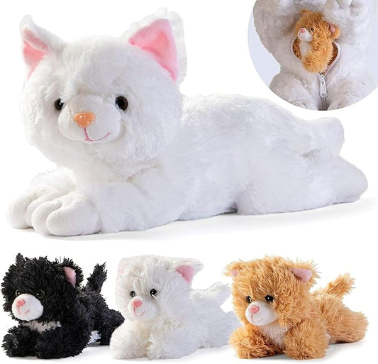PREXTEX Plush Cat Toys Stuffed Animal with 3 Cats Baby Stuffed Animals - Big Cat Zippers 3 Little Plush Baby Kittens - Animal with Babies - Gift for Cats Lovers