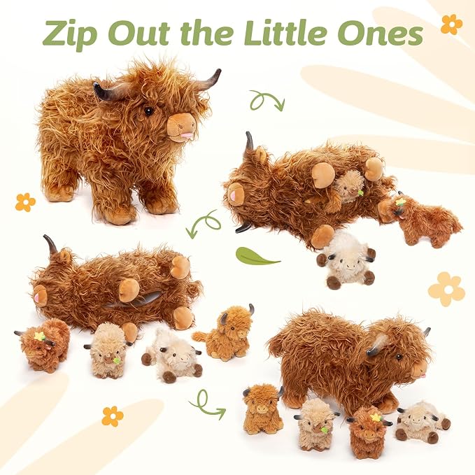 OUOZZZ Highland Cow Stuffed Animal, 14.5" Large Mom and 4 Babies Set | Realistic Fluffy Plush Toy, Includes 4 Baby Calves, Travel-Friendly & Portable