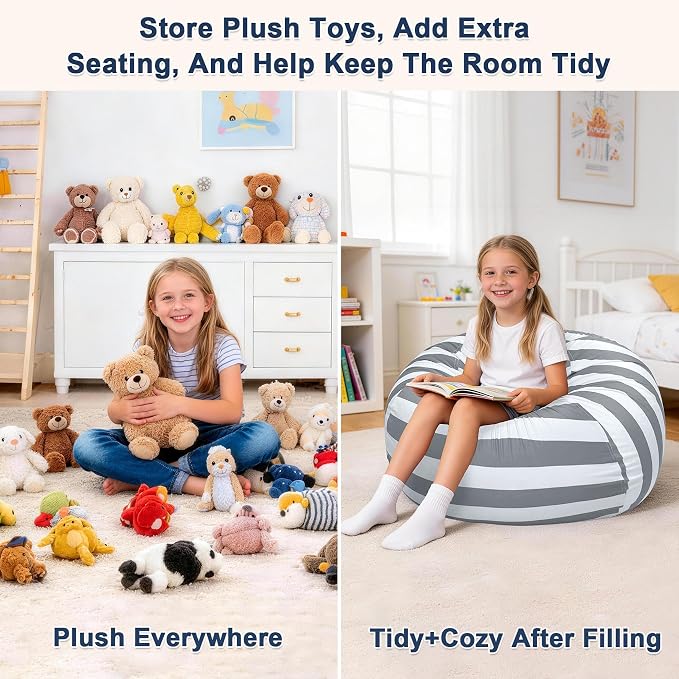 Lukeight Stuffed Animals Storage Bean Bag Chair Cover for Kids and Toddlers, Cozy Velvet Plush Toy Organizer Seat, Cover Only, No Filling Included, Long YKK Zipper, Side Pocket, Large 27 x 16 in