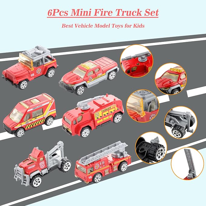 BenRich 6Pcs Mini Die Cast Car 1/64 Scale Alloy Fire Truck Vehicle Metal Model Toy Set, Ladder, Water Tower Truck, Ambulance, Transport, Patrol Car, Model Toys for Kid Boys Girls Birthday Xmas Present