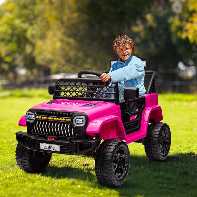 GarveeLife 12V Kids Ride On Truck Electric Vehicle Battery Powered Car Toddlers Ride On Toy for Boys Girls with Remote Control, 4-Wheel Suspension, Battery Display, LED Lights, Music, Rose Red