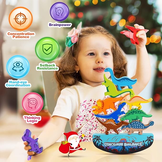 IPOURUP Dinosaur Toys for Kids 3-5: Wooden Stacking Montessori Toys for 3 4 5 6 7 8 Year Old Balance Competition Game for Family Ideal Christmas Birthday Gifts for Kids Ages 3-8 (Double Version)