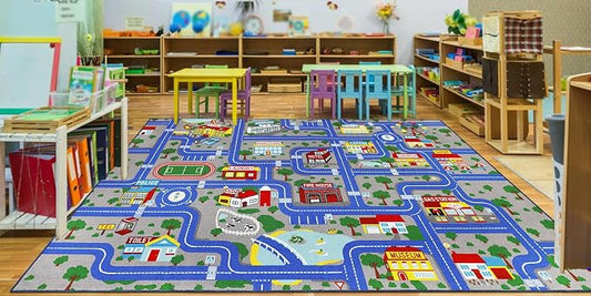 Capslpad Blue Car Road Kid Rug Carpet Playmat for Playoom Traffic Road Kids Play Mat for Toddler Non Slip Washable City Map Race Track Carpet Rug for Kids Room Playroom Classroom Decor,6.6'x9.8'
