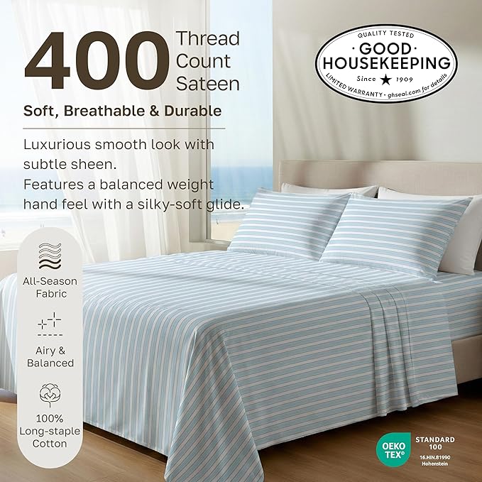 California Design Den Soft 100% Cotton Sheets Queen Size Set, 400 TC Good Housekeeping Award Winner, Smooth Sateen Finish with Deep Pockets, Cozy and Durable Cotton Bedding Set - Cape Stripe Blue
