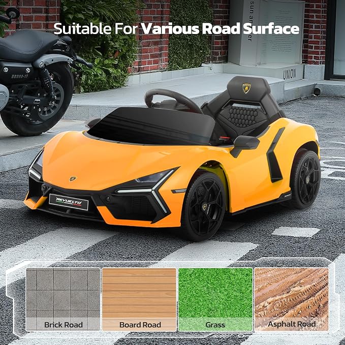 ELEMARA Lamborghini Kids Car with Scissor Door, Ride On Toys with Remote Control, 12v Kids Electric Car with Bluetooth, LED Light, MP3 Player and Wide Seat, Lemon Yellow