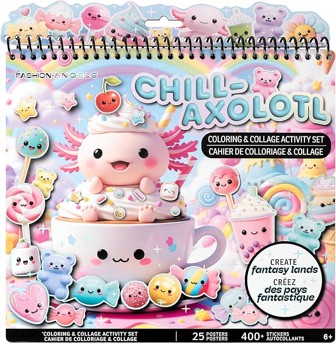 Fashion Angels Chill Axolotl Coloring & Collage Activity Set, Includes 400+ Stickers, Sticker-by-Number & Coloring Pages with Mystical, Cosmic & Candy-Themed Scenes, Creative Art Kit for Kids Ages 6+