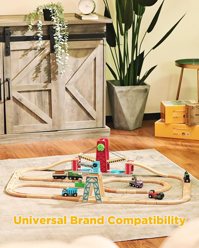 SainSmart Jr. Wooden Train Track 52 PCS, Track Expansion Compatible with All Major Brands Toddler Railway Toy Train Set Boys Train Set 3+