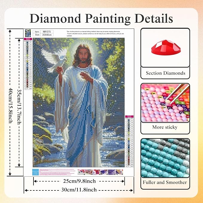 CHWGLFGG Jesus White Dove Diamond Painting Kit for Adults, Religious 5D Full Round Drill Diamond Art Beginners Canvas for Home Wall Decor, DIY Paint by Diamonds Dot Gem Craft12x16 Inch