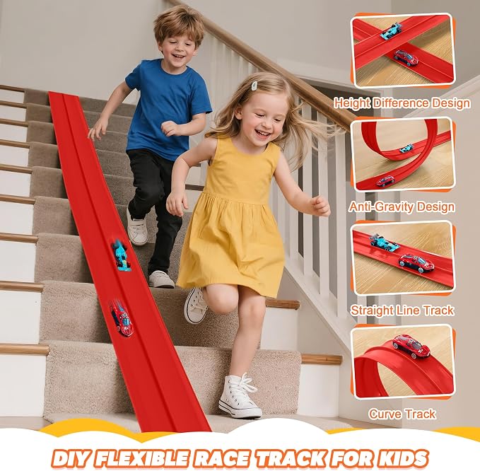 Flexible Race Track for Kids - 15 Ft Flex Track Race Car Tracks with Car Ramp Toy, Fit for Monster Truck Track & Kids' Play Cars, Race Tracks for Toddlers 1-3, Portable Racetrack (Red)