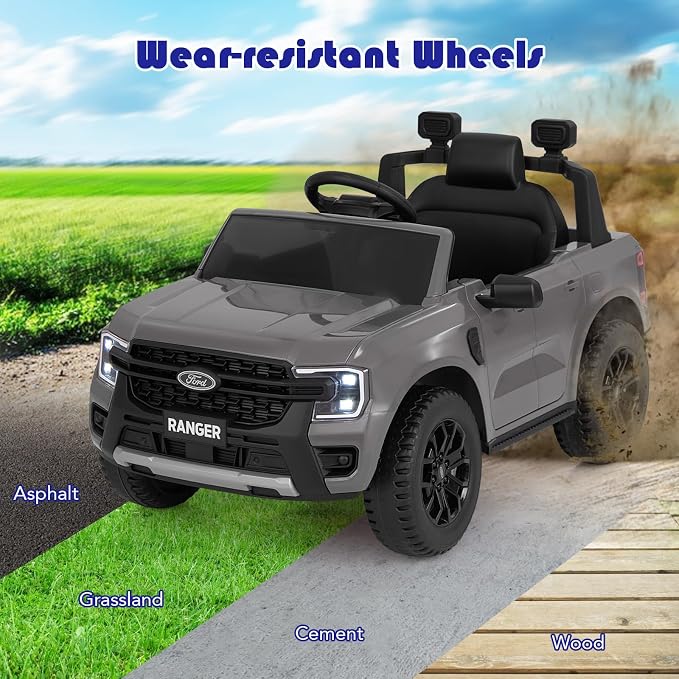 Licensed Ford Ranger Ride on Pickup Truck by INFANS, 12V Battery Powered Electric Vehicle for Kids with Remote Control, Headlight, Power Display, Bluetooth, MP3, Music, Aged 3-6 Years (Gray)
