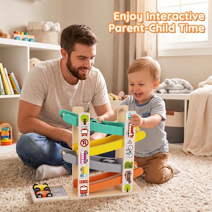 Car Ramp Toys for One Year Old Boy, Toddler Montessori Toys, Wooden Car Tracks for Toddlers 1-3, Race Cars Ramp Track with 4 Mini Cars & Parking Lots, 1st Birthday Gifts Boy