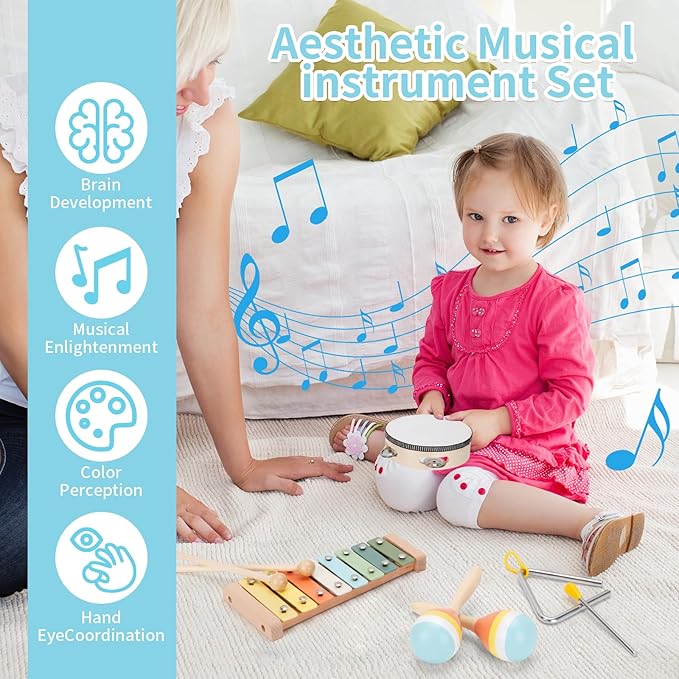 ZJEFUNS Baby Musical Instruments Set Wooden Montessori Toys for Toddlers 1-3 Percussion Instruments Set Modern Boho Music Toys for Kids Preschool Educational.