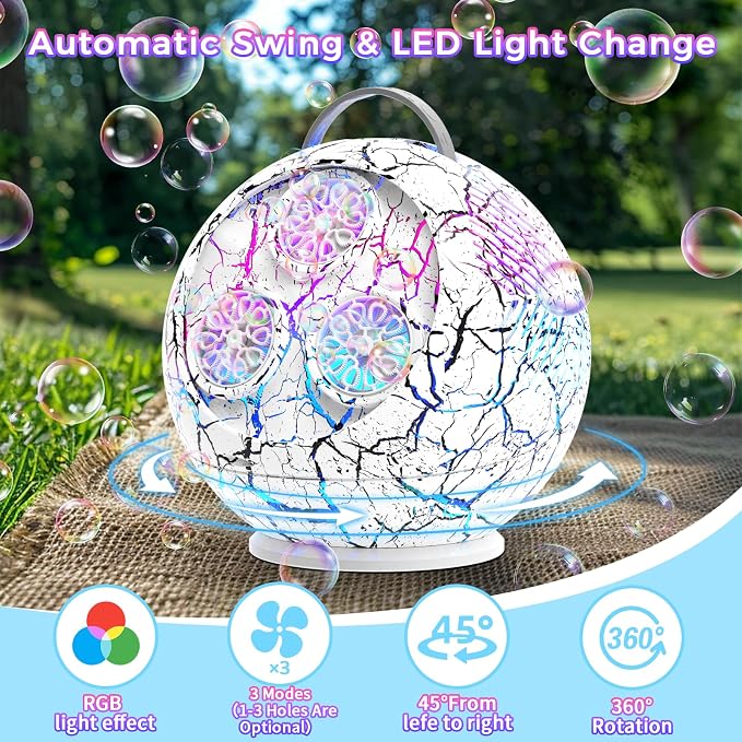 Bubble Machine Automatic Bubble Blower for Kids Toddlers Spherical LED Bubble Maker Electric Auto Rotating 45°/360° Outdoor Toy for Easter and Birthday Gift Party Wedding