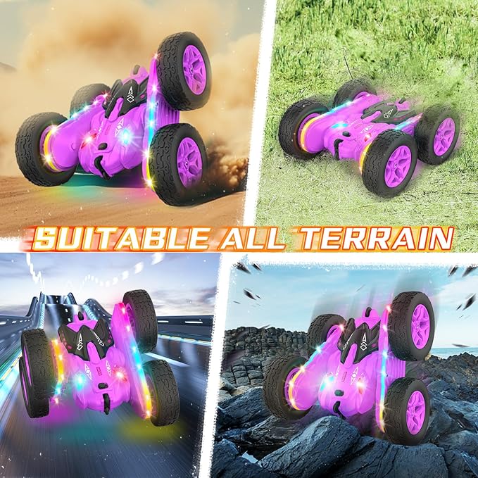 Terucle Remote Control Car, Rc Cars Stunt RC Car Toys New Upgraded Strip Lights and Headlights Girl Toys Double-Sided 360° Rotating 4WD Drift Truck for Boys Girls Birthday Gift (Purple)