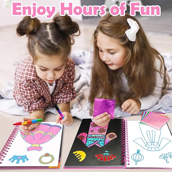 FUNNYB&G Foil Art Craft Kit for Girls 4-10 Years Old: Mess-Free & No-Glue, Create 16 Sparkly Dress Up Pictures – Perfect Travel Toy & Birthday Gift for Kids (Dress Up)