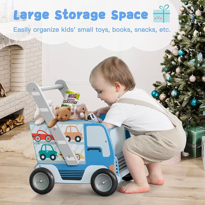 labebe Baby Wooden Learning Walker, 2-in-1 Toddler Push & Pull Toys Stroller Pushing Walker, Infant Sit to Stand Wood Walker Wagon, Transfer Cart Toy for Girls & Boys 1-3 Years Old Kids, Blue