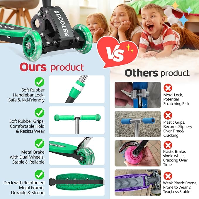 3 Wheel Kids Kick Scooter for Ages 3-12, Lean-to-Steer, Light-Up Wheels, 3-Level Adjustable Handlebar 27.5”-33”, Wide Non-Slip Deck, Dual Rear Brake,Travel Foldable, for Boys & Girls Toy Gifts