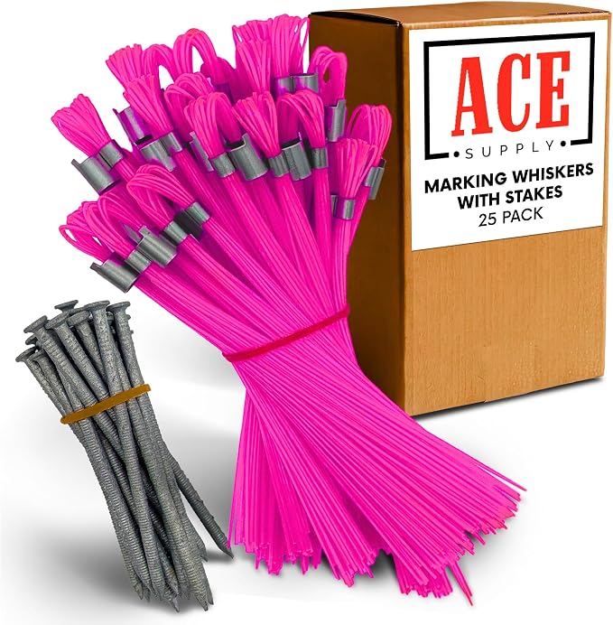 Pink Marking Whiskers with Stakes - 25 Pack - Durable Marking Whisker Set - Use Survey Whiskers as Ground Markers, Construction Markers, or Trail Markers