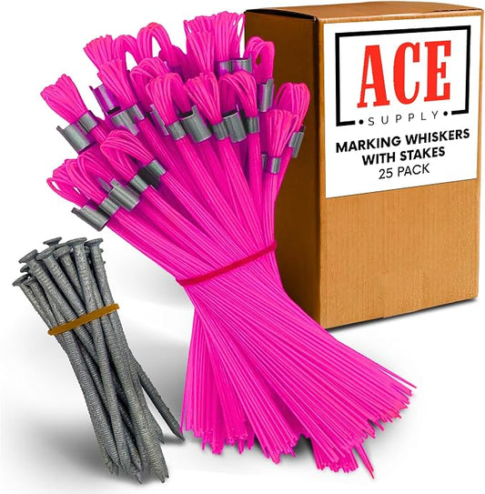 Pink Marking Whiskers with Stakes - 25 Pack - Durable Marking Whisker Set - Use Survey Whiskers as Ground Markers, Construction Markers, or Trail Markers