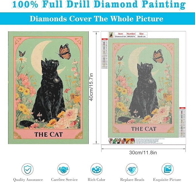 RYMILIE Cat Diamond Art Kits for Adults, Black Cat 5D Diamond Painting Kits for Beginners, DIY Round Full Drill Diamond Gem Art Crafts Paintings, Home Wall Decor 12X16 Inch
