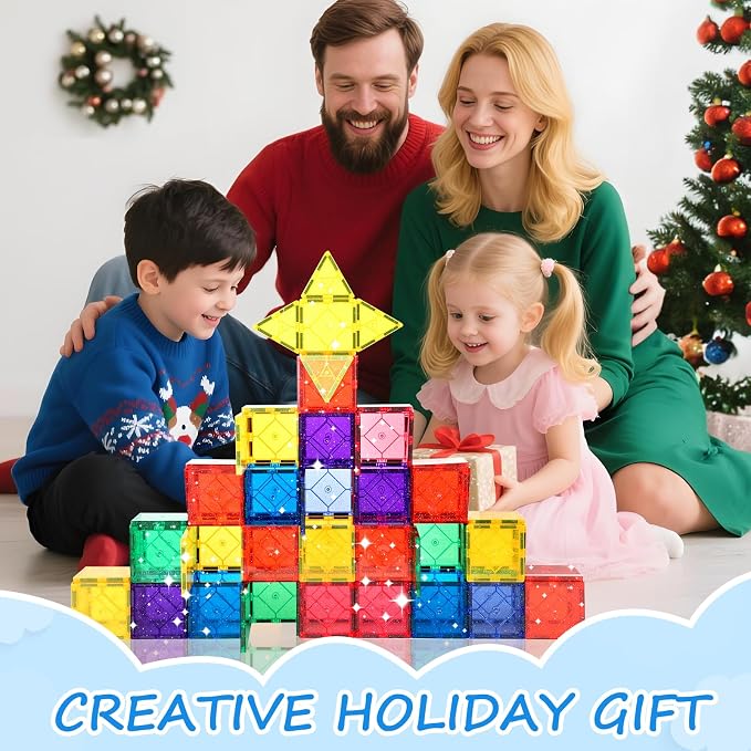 Mruikeny 100 Pieces Magnetic Tiles for Kids Ages 4-8, Glitter Magnetic Building Tiles Preschool Learning Magnet Toys, STEM Sensory Magnet Building Blocks for Toddlers 3 4 5 6 7 8+ Year