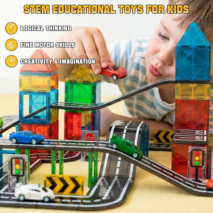 SKTMYY Magnetic Tiles Road Set with Cars & Ramp, STEM Magnetic Tiles for Kids Ages 4-8, Creative Magnet Building Blocks Expansion Pack, Montessori Toys for 4+ Years Old Boys Birthday Gifts