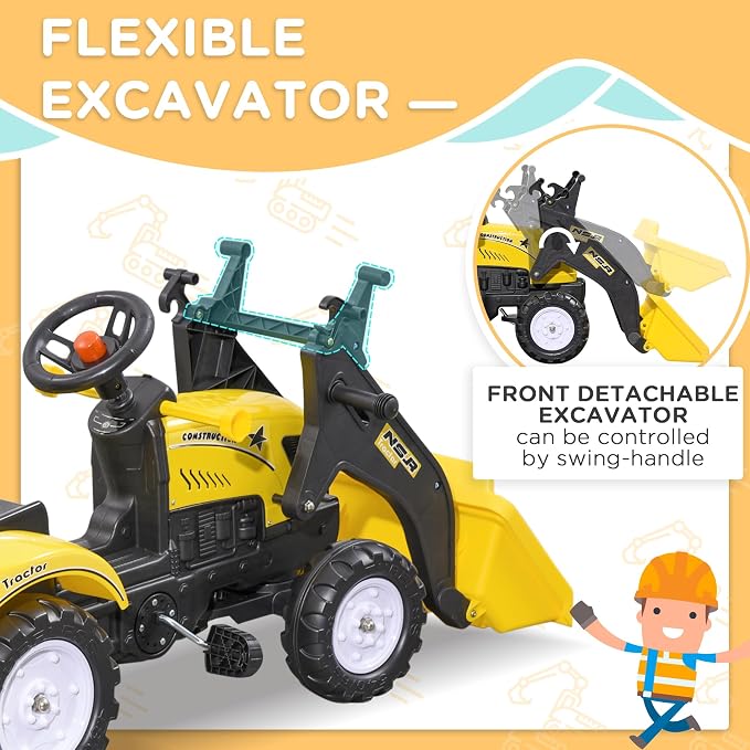 Aosom Kids Ride-On Excavator, Pedal Car Bulldozer, Move Forward/Back with Real Working Dirt Bucket, 6 Wheels, & Cargo Trailer