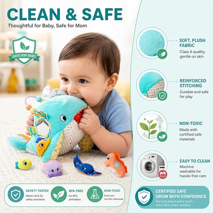 Baby Sensory Toys 6-12 Months - Montessori Ocean Adventure Set with Soft Whale & 6 Sea Animals, Rattle, Crinkle, Squeaker & Mirror for Fine Motor Development