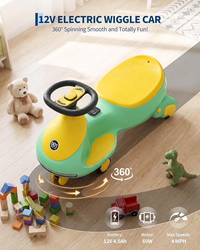 12V Electric Wiggle Car for Kids 2-in-1 Swing Car 360 Steering Pedal Ride | PP Plastic Body,Indoor Outdoor Play,Kids Activity Toy,Preschool Riding Fun,Low Gravity Design,Family Entertainment