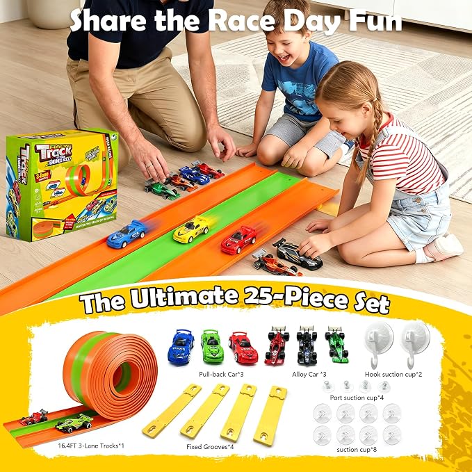 16ft Flex Track, Flexible Race Track for Kids 3-5 Year Old with 4 Pull-Back Cars, Portable Roll Up Racing Car Tracks for Toddlers, Birthday Gifts for Boys Girls (3 Lane - Green & Orange)