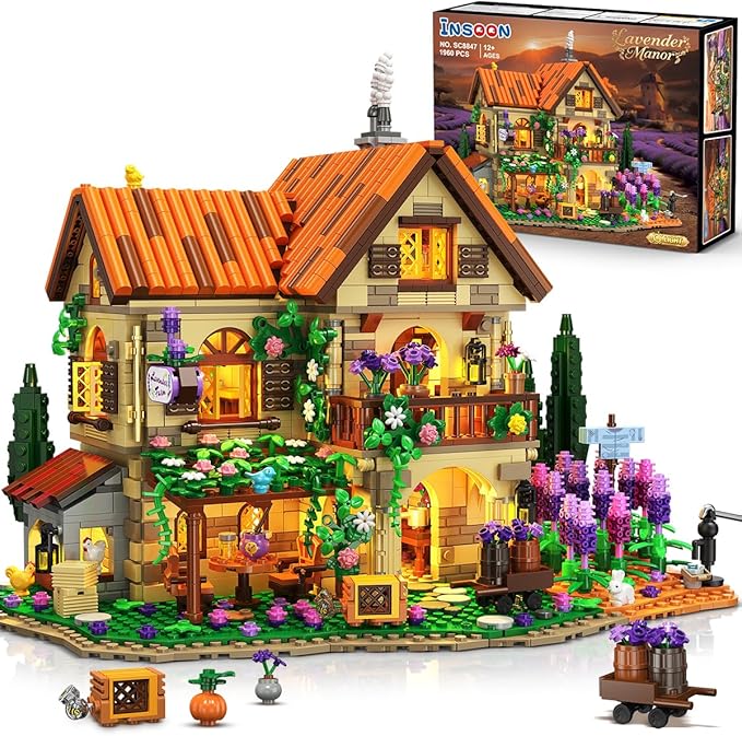 INSOON Lavender Cottage House Building Set with Lights, 1960 PCS Cozy Lavender Flower Garden Home Decor, Romantic Manor Construction Collection Building Kit, Gift for Adults Teens Boys Girls 12+