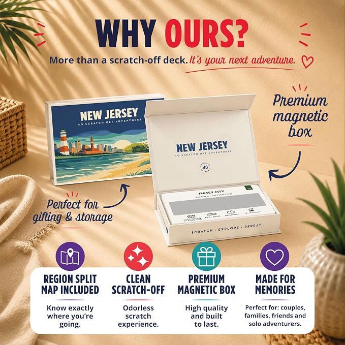 New Jersey Bucket List Scratch Off Cards - 40 Adventure Cards with Region Split Map, Hidden Gems, Scenic Escapes & Local Favorites - Travel Gift for Couples, Families, Friends & Tourists