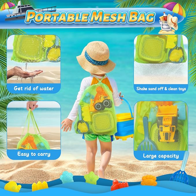 Collapsible Beach Sand Toys for Kids, Sandbox Toys Includes Bucket, Sand Shovel, Beach Sifter, Castle Molds, Toddler Beach Toys with Mesh Bag, Summer Travel Outdoor Beach Essentials for Kids Girls