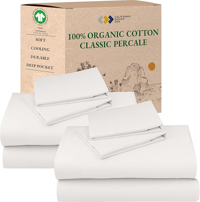 California Design Den Pack of 2 100% Organic Cotton Sheet Sets Full Size Bed - Crisp Percale Feel, Deep Pocket Sheets, Lightweight Bedding Set - True Ivory