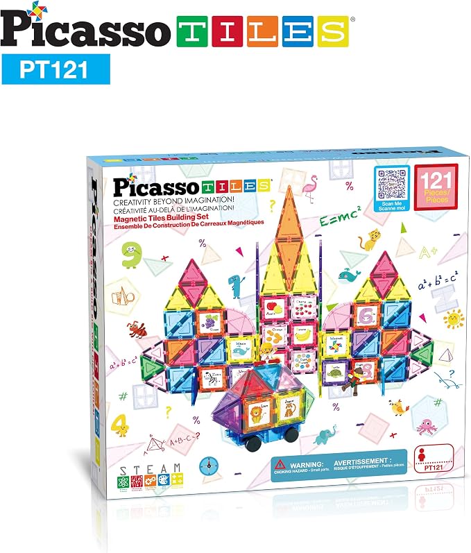 PicassoTiles 121 pc Master Builder Magnetic Building Block Construction Set Magnet Tiles Blocks with Car Truck, 2 Character Action Figures, 28 Educational Alphabet Animal and Number Graphics