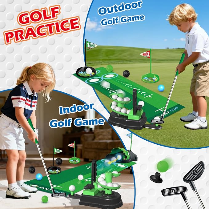 TERRAMUS Upgraded Kids Toy Golf Set, 3 in 1 Golf Toys with Dinosaur Automatic Ball Returner & Ball Launcher Led Light Up Balls, Mini Golf Toy for Ages 3-8, Indoor Outdoor Sports Gift for Boys Girls