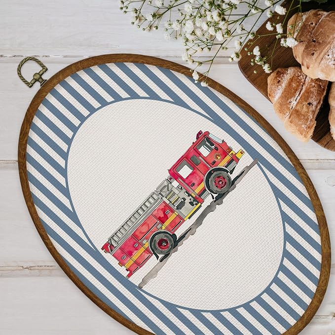 WULQYING Boy Nursery Fire Truck Car Wall Art Decor, Kids Room Oval Framed Canvas Art Prints, Blue Striped Fire Engine Wall Hanging Decor for Kids Boys Toddler Room Bedroom Playroom, 8.6x11.4 Inches