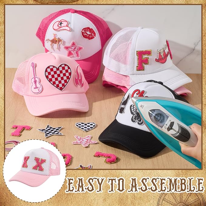 Hercicy DIY Trucker Hats Kit, 12 Pack Sublimation Blank Baseball Caps with Embroidered Patches DIY Craft for Party(Western Cowgirl,Pink Aesthetic Mix)