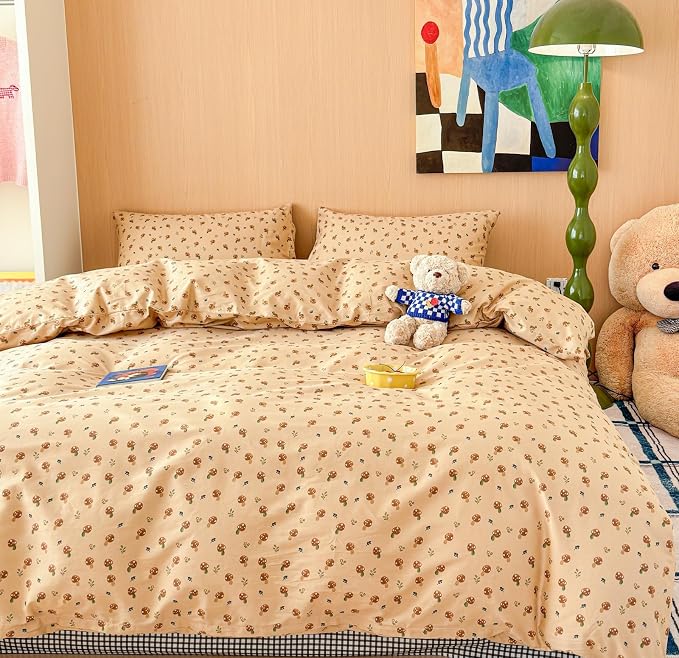 LIWHENHAO Mushroom Duvet Cover Set Queen 100% Cotton Bedding Cartoon Brown Mushroom Red Flowe on Beige 1 Cute Kawaii Plant Garden Comforter Cover Full 2 Pillowcases for Kids Girls Boys Woman