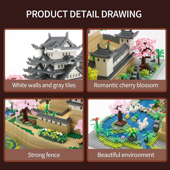 JXRLMB Japanese Micro Building Blocks Sets for Adults 10080 PCS Japan Himeji Castle with Cherry Blossoms Model Kit Big Architecture Landmarks Collection Kit
