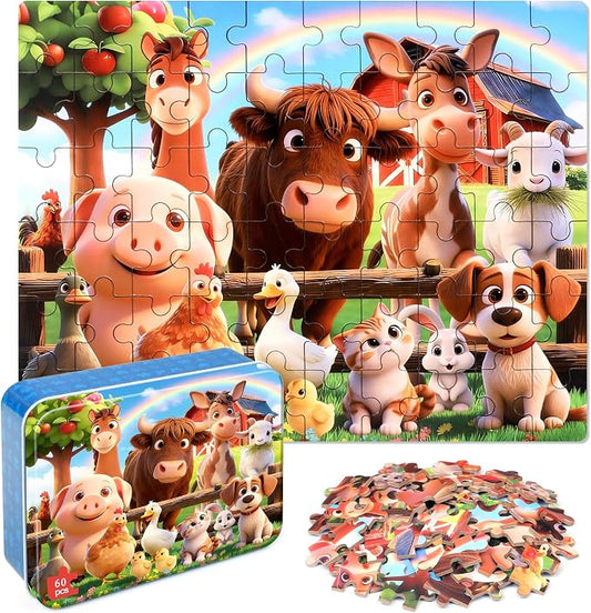 LELEMON Puzzles for Kids Ages 4-6,Farm 60 Piece Puzzles for Kids Ages 6-8 in a Metal Box,Children Jigsaw Puzzles Kids Puzzles,Educational Learning Puzzle Toys for Girls and Boys