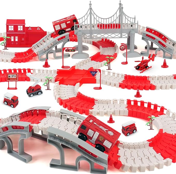 GIAT Race Car Track Toy for Kids - Birthday Gift for Boys Ages 3 4 5 6 7 Year Old, Flexible DIY Playset with Helicopter and Fire Truck, 330+ PCS Interactive Set