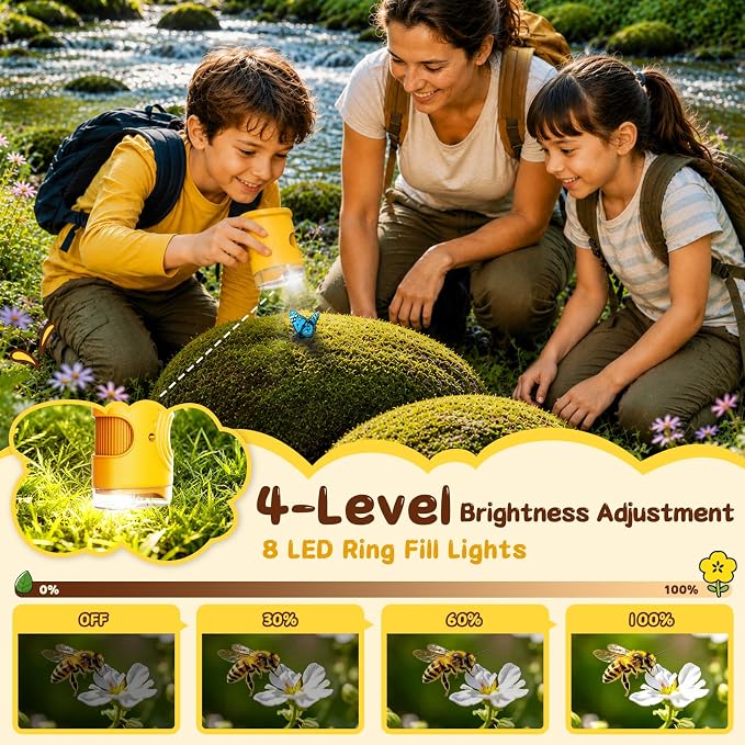 SEEKID Microscope for Kids 200-1000X, STEM Toy Science Kit for Kid(Yellow) | Handheld Digital Microscope with 2" IPS Screen, 4K HD Camera 200+ Photo Storage for Girls Boys Child Birthday Gifts