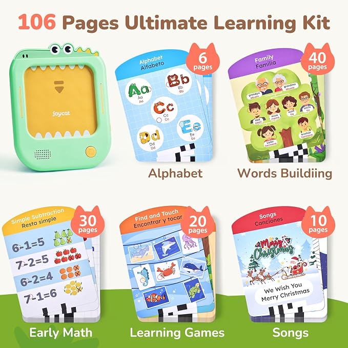 JoyCat Bilingual Kids Learning Tablet, 106 Pages Spanish & English Talking Cards with 20 Interactive Games, Montessori Toy for Alphabet, Words, Numbers, Colors & Songs, Learning Gifts for Toddler 2-6