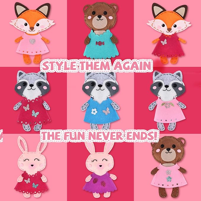 Cymbana Kid Sewing Craft Kit to Make a Friend for Beginner Felt Craft Learn to Sew, Panda Fox Bunny Raccoon Bear 5 Animals