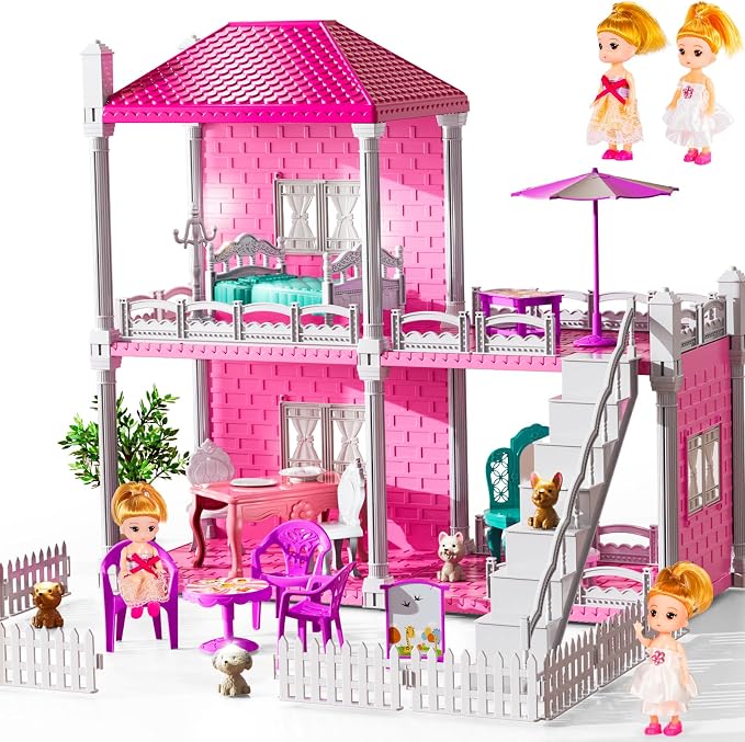 JUKUDAHU Villa Playset for Girls Ages 3-7, Indoor Playset Girls Toys with 2 Storeys 3 Rooms 2 Dolls for Ages 6-8, Furniture and Accessories, Pretend Toddler Toy, Birthday Gifts for Kids 3 4 5 6 7 8