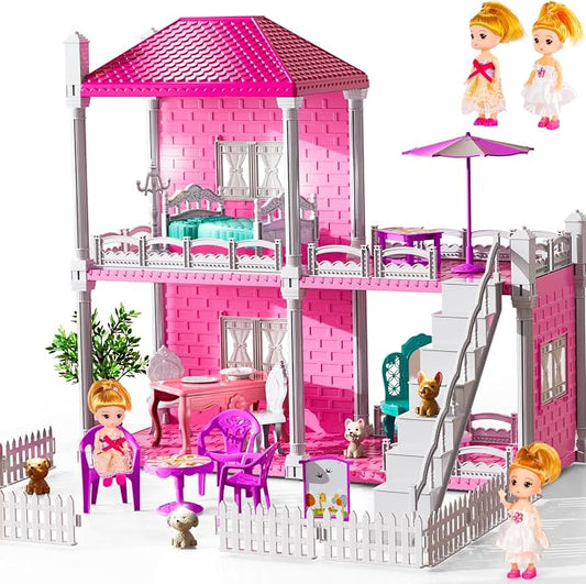 JUKUDAHU Villa Playset for Girls Ages 3-7, Indoor Playset Girls Toys with 2 Storeys 3 Rooms 2 Dolls for Ages 6-8, Furniture and Accessories, Pretend Toddler Toy, Birthday Gifts for Kids 3 4 5 6 7 8